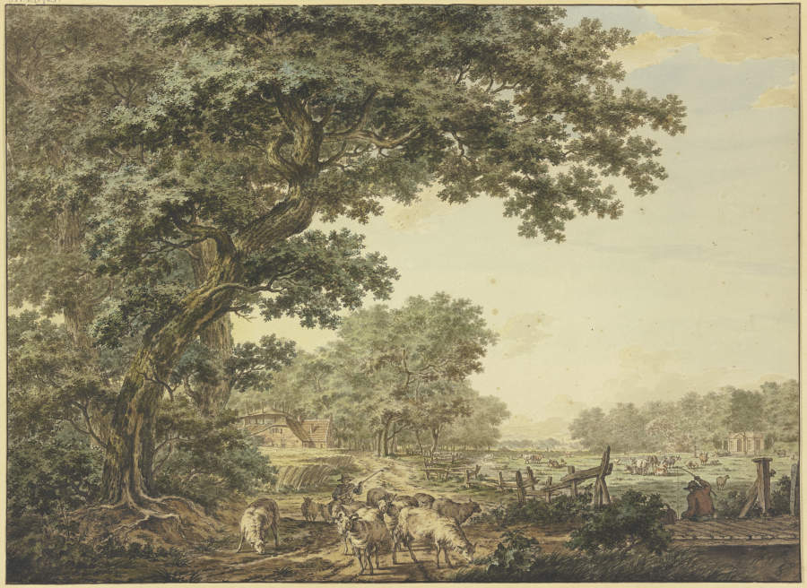 Wiesengrund zwischen dem Wald mit vielem Vieh, vorne ein Schäfer mit seiner Herde, auf einer Brücke  van Jacob Cats