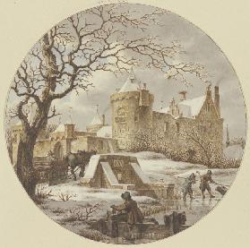 Winterlandschaft vor der Stadtmauer, auf der Brücke ein Holzschlitten