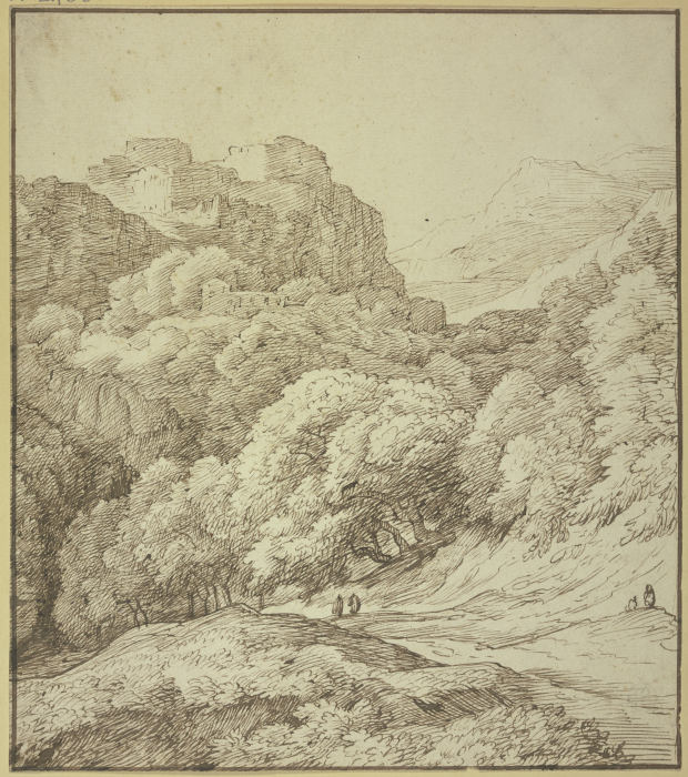 Links auf hohen Felsen ein Schloß, unten ein Weg unter Baumgruppen weggehend mit zwei Figuren van Jacob Isaacsz. van Swanenburg