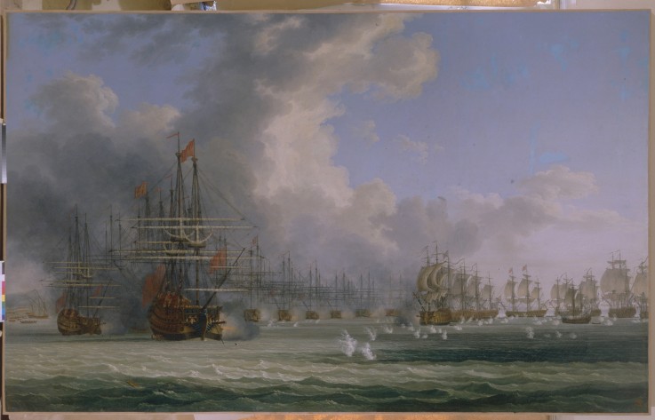 The Battle of Chesma. Beginning of the Fight on 5 July 1770 van Jacob Philipp Hackert