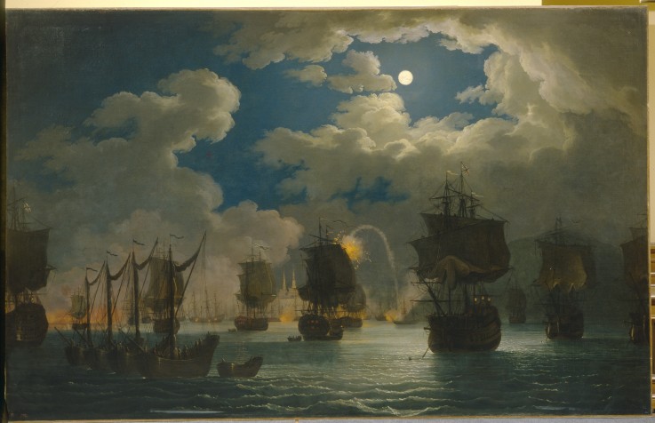 The naval Battle of Chesma on the night 26 July 1770 van Jacob Philipp Hackert