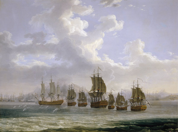 The Russian Fleet on the Hunt for Turkish Ships at the Bay of Egypt van Jacob Philipp Hackert