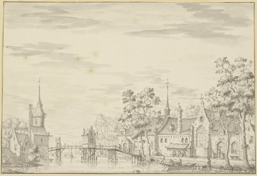 Ansicht einer kleinen Stadt mit Holzbrücke van Jacobus Stellingwerff