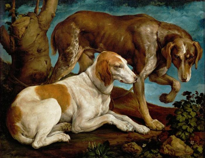 Zwei Jagdhunde, an einen Baumstumpf gebunden van Jacopo Bassano