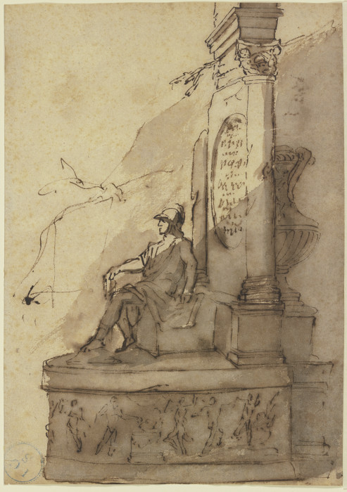 Bildwerk eines auf dem Sockel eines Monuments sitzenden Kriegers van Jacques van Schuppen