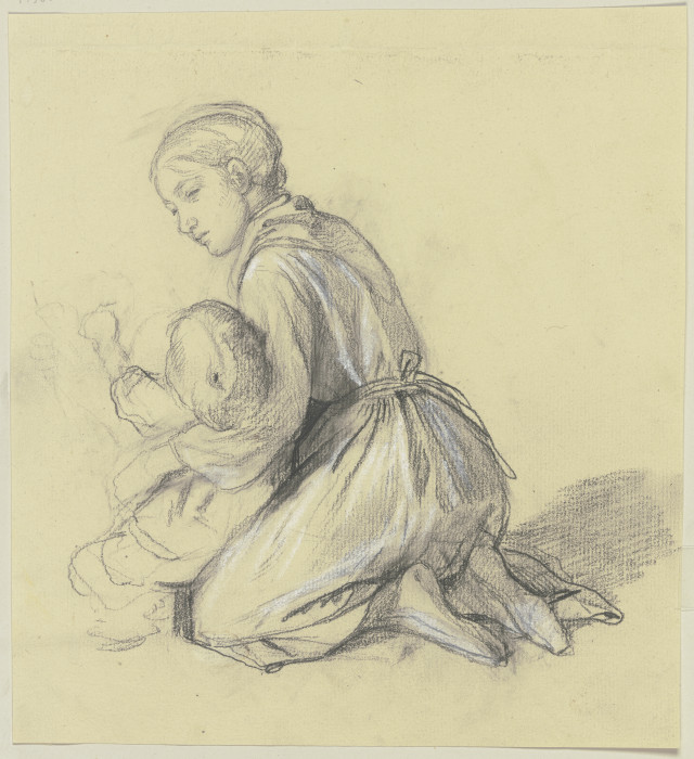 Kniendes Mädchen nach links mit einem Kleinkind im linken Arm van Jakob Becker