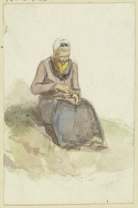 Auf einem Rasen sitzt eine alte Frau und hält eine Schale mit Milch auf dem Schoß van Jakob Furchtegott Dielmann