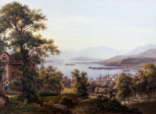 A View of Horgen on the Lake of Zurich van Jakob Suter
