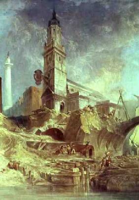 Demolishing Old London Bridge, with St. Magnus the Martyr behind