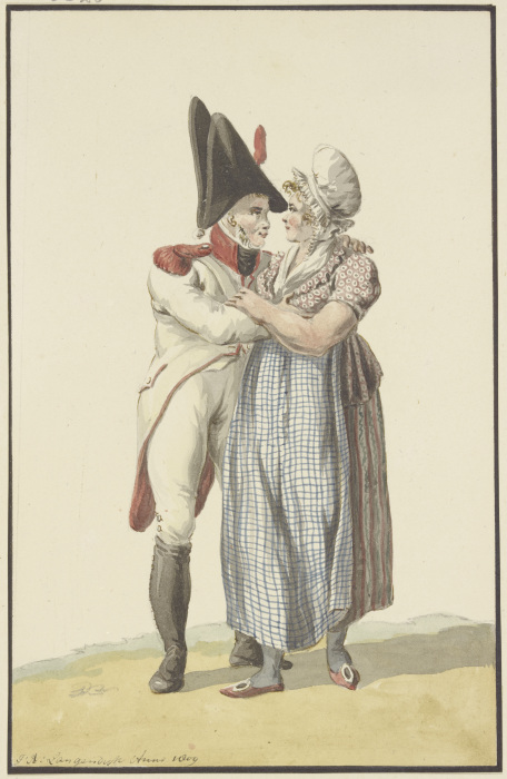 Ein Soldat umarmt eine Frau van Jan Anthonie Langendijk
