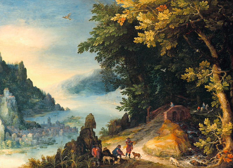 Weite Flusslandschaft mit rastenden Wanderern van Jan Brueghel de oude