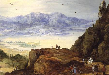 Extensive mountain landscape with a lake van Jan Brueghel de oude