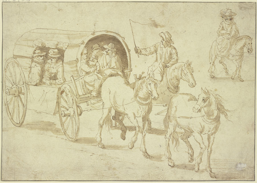 Geschlossener Planwagen mit Passagieren und eine Reiterin van Jan Brueghel de oude