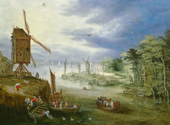 River Landscape with Windmills van Jan Brueghel d. J.