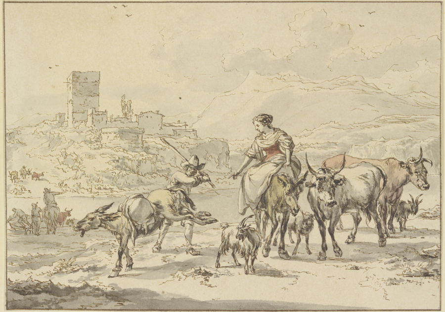 Burgruine an einem Fluß, im Vordergrund eine Hirtin auf einem Esel bei Kühen und Ziegen, ein beladen van Jan Frans Soolmaker