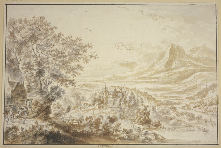 Ein Schloss an einem Fluss zwischen Bergen, links unter einer Baumgruppe ein Haus, dabei einige Figu van Jan Griffier I