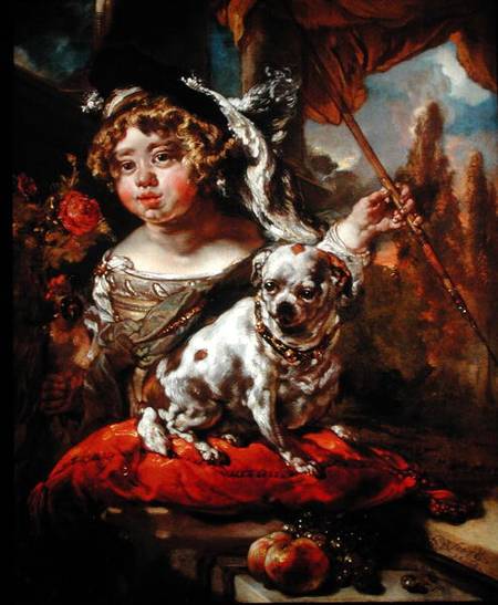 A Portrait of a Boy Wearing a Plumed Hat, Holding a Falcon and Spear, with a Pug Seated Before Him van Jan or Joan van Noordt