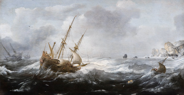 Ships in a Storm on a Rocky Coast van Jan Porcellis