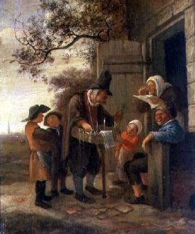 A Pedlar selling Spectacles outside a Cottage