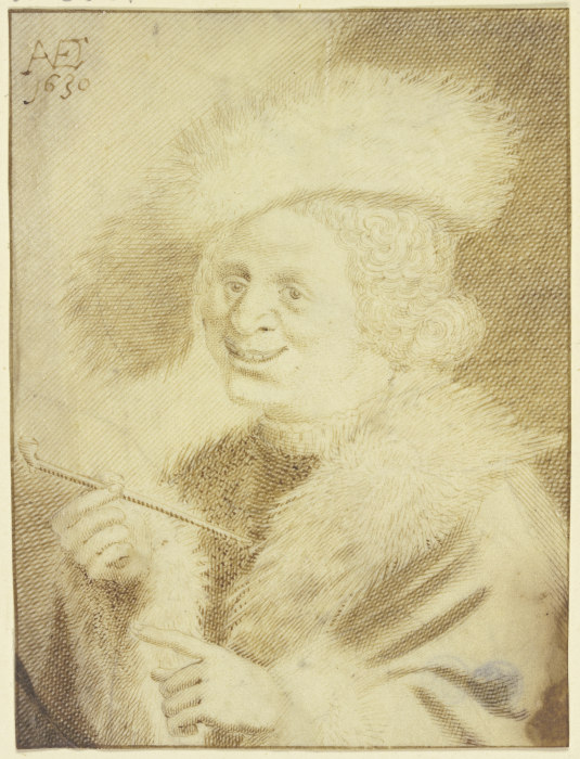Ein Mann mit Pelzmütze und Pelzrock lachend eine Pfeife haltend van Jan van de Velde II