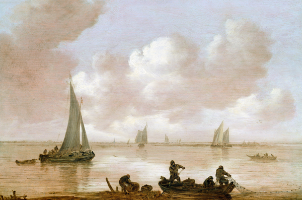 An estuary with fisherman hauling in their nets, with sailing boats behind van Jan van Goyen