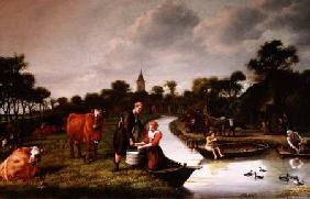 River Landscape with a couple carrying a milk churn