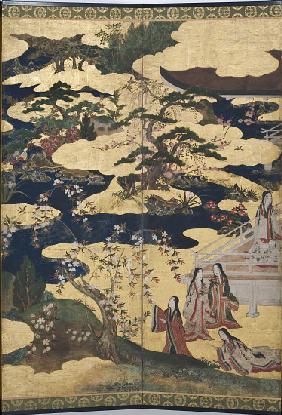 Detail of Spring in the Palace, six-fold screen from 'The Tale of Genji'