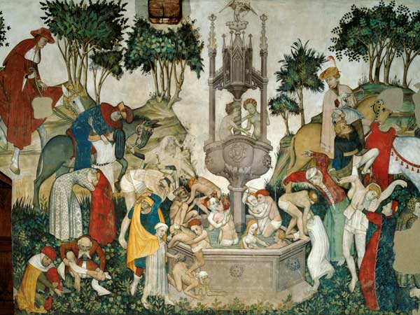 The Fountain of Life, detail of people arriving and bathing in the fountain van Jaquerio