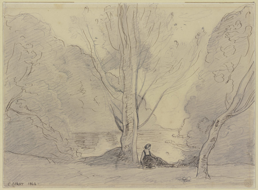 Ruhende Frau unter Pappeln am Fluß van Jean-Babtiste-Camille Corot