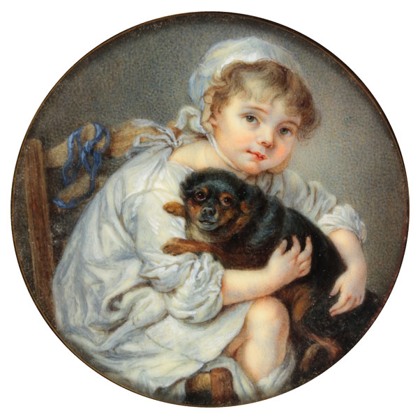 Kleines Mädchen mit Hund (Emaille) van Jean Baptiste Greuze