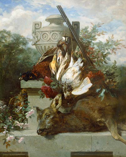 Jagdstilleben mit Vögeln, Reh und Blumen van Jean Baptiste Robie