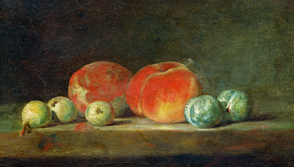 Peaches, Pears and Plums on a table van Jean-Baptiste Siméon Chardin