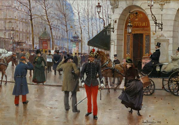 The Boulevard des Capucines and the Vaudeville Theatre, 1889 (oil on panel) van Jean Beraud