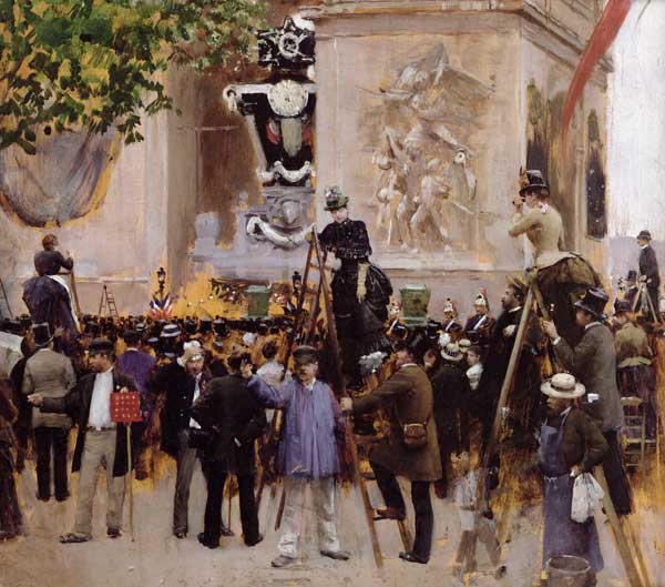 The Funeral of Victor Hugo (1802-85) at the Arc de Triomphe, 1885 (oil on panel) van Jean Beraud