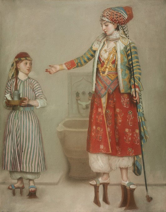 A lady in Turkish costume with her servant at the hammam van Jean-Étienne Liotard