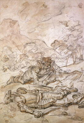 The Sad Situation of Don Quixote and Sancho Panza, Ill-Treated by the Galley Slaves (black chalk & b van Jean Honoré Fragonard