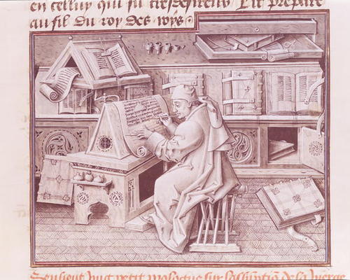 Ms 9198 f.19 The copyist Jean Mielot (fl.1448-68) working in his scriptorium, from ' Life and Miracl van Jean I Le Tavernier