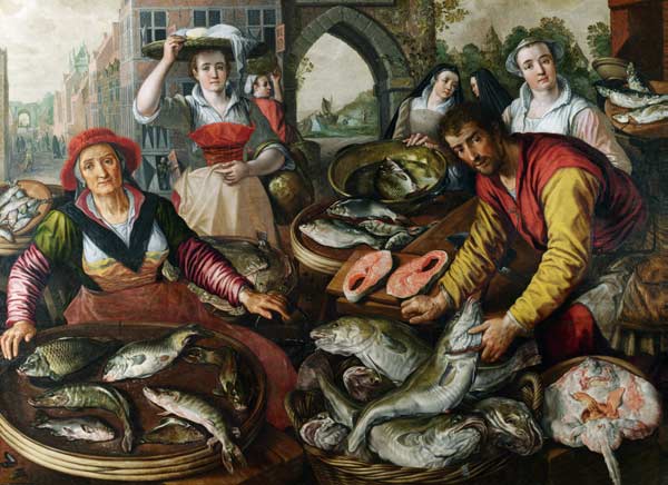 The Four Elements: Water. A Fish Market with the Miraculous Draught of Fishes in the Background van Joachim Beuckelaer