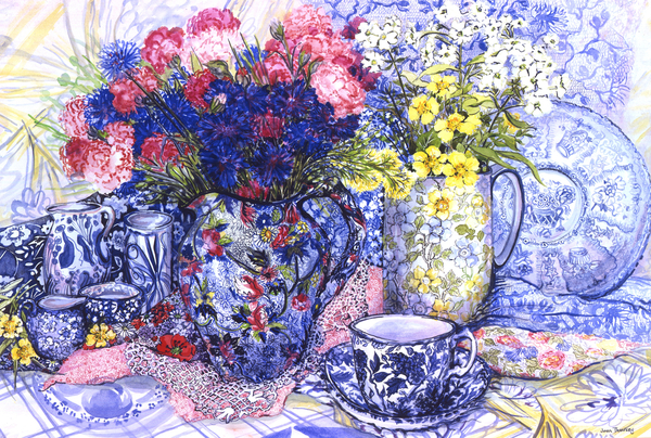 Cornflowers with Antique Jugs and Patterned Fabrics van Joan  Thewsey