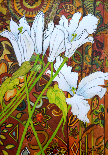 Lilies against a Patterned Fabric van Joan  Thewsey