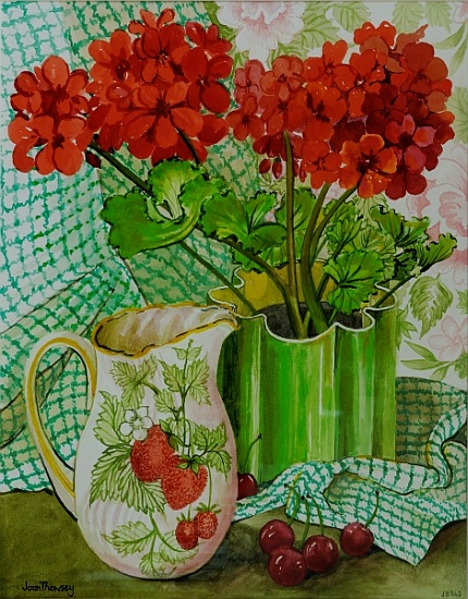 Red geranium with the strawberry jug and cherries van Joan  Thewsey