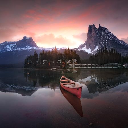 Rocky Mountains the boat at sunrise 7R24696