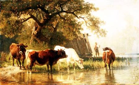 Cattle Watering in a River Landscape van Johann Friedrich Voltz