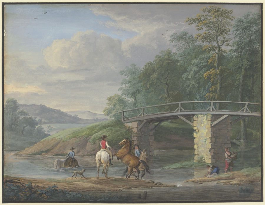 Pferde in der Schwemme bei einer Brücke, rechts zwei Wäscherinnen van Johann Georg Pforr