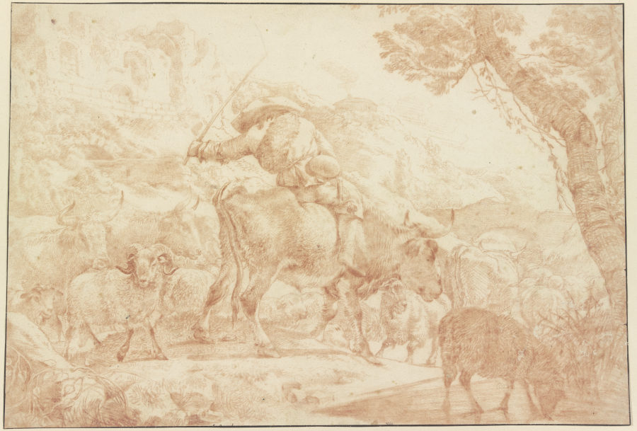 Ein auf einem Ochsen reitender Hirte treibt seine Herde heimwärts van Johann Heinrich Roos