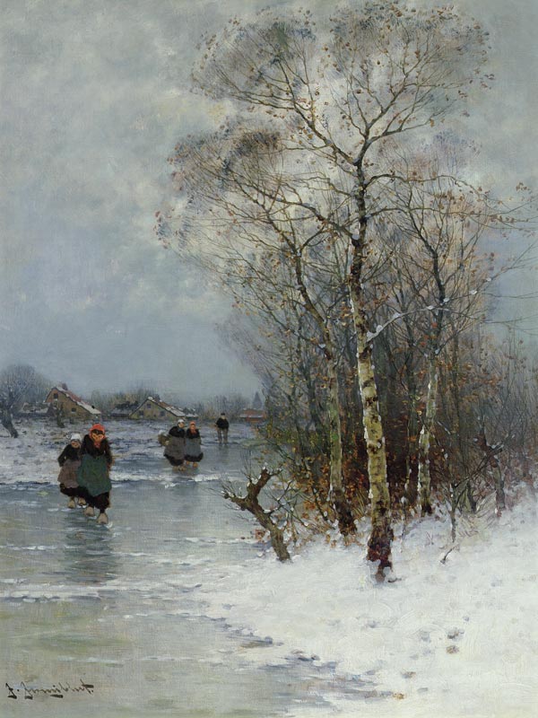 Girls Walking on a Frozen River van Johann II Jungblut