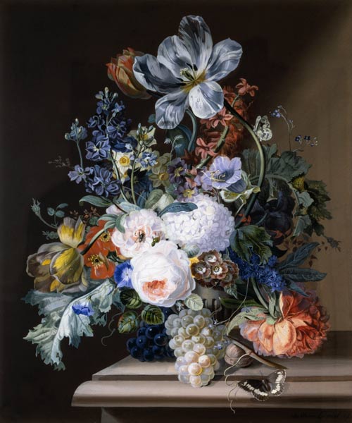 Blumenstück mit einem Schmetterling und Trauben van Johann Oberer