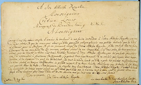 Handwritten dedication of ''Brandenburger Concertos'' to Christian Ludwig, Margrave of Brandenburg 2 van Johann Sebastian Bach