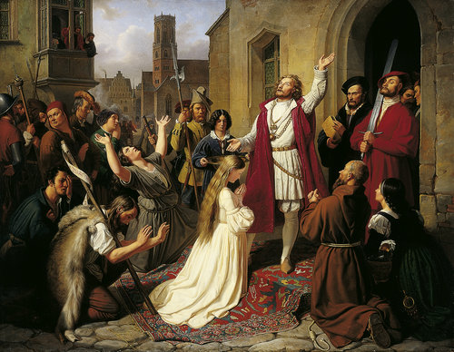 Die Wiedertäufer (Johann van Leyden tauft ein Mädchen) van Johann Carl Baehr (Baer)