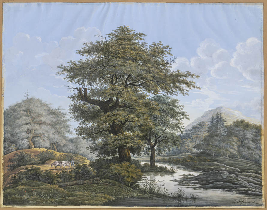 Baumreiche Landschaft, in der Mitte eine Eiche am Ufer eines Flusses van Johann David Passavant
